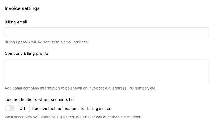 screenshot of webflow invoice form